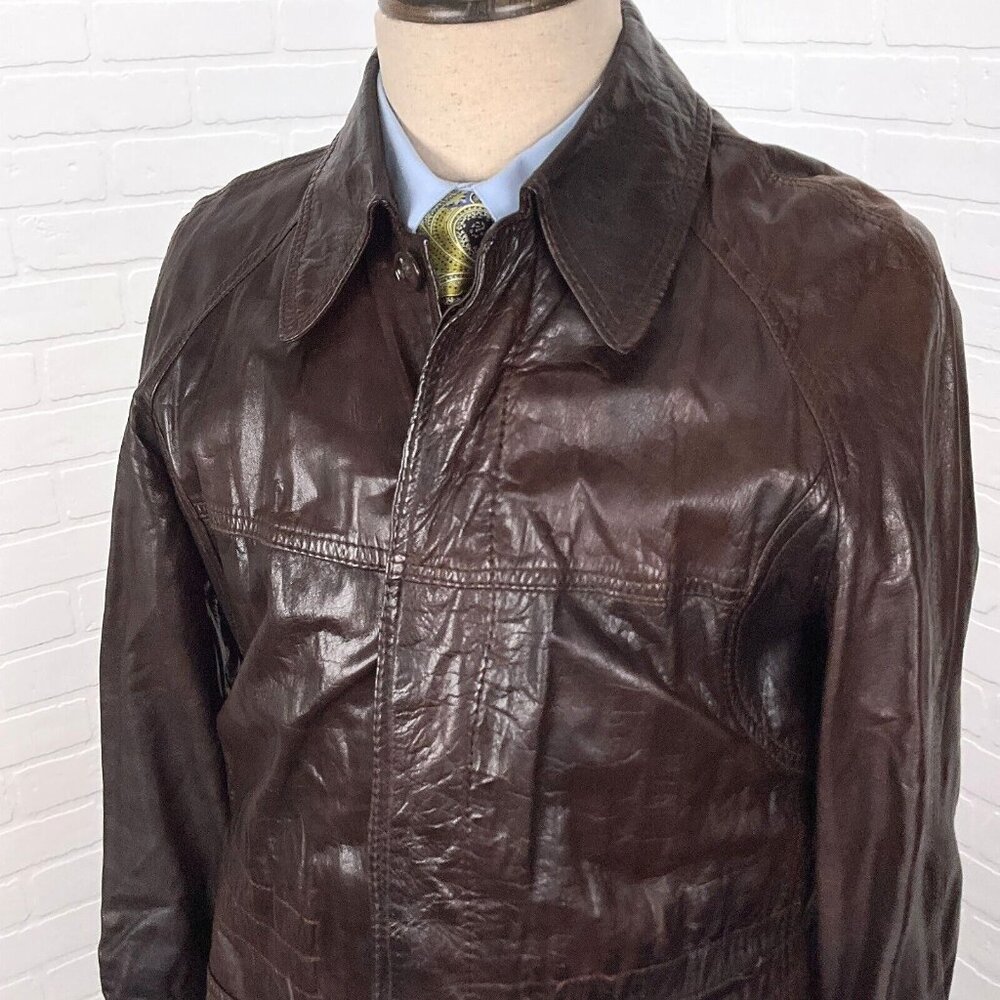 Beged-Or Coat Mens 40 Dark Brown Leather Patent 70s Coat‎ Israel Vintage Jacket